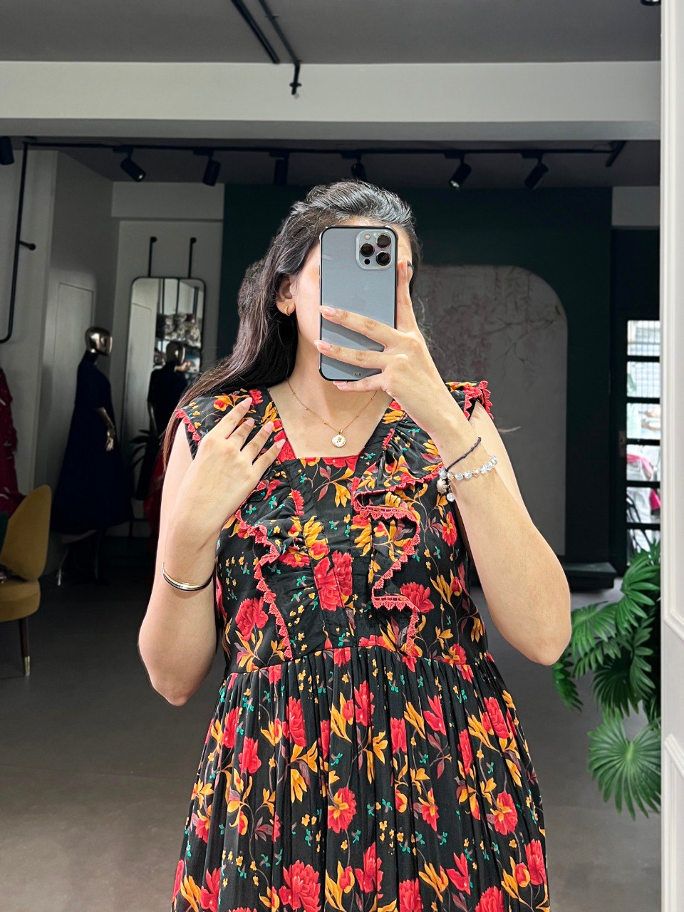Black Floral Print Maslin Silk Stitched Frock with 4-Meter Flair & Micro Crepe Lining