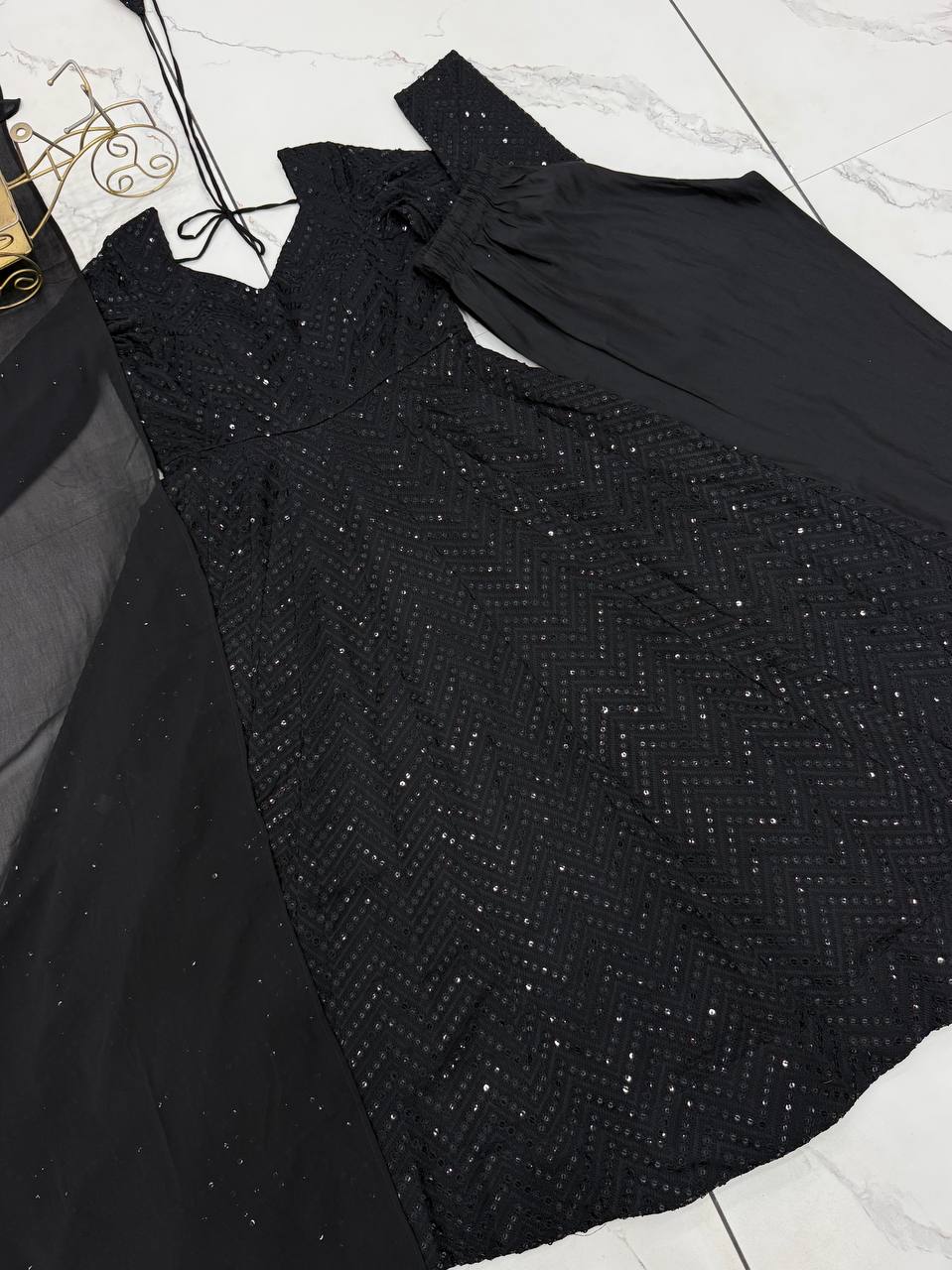 Black Fox Georgette Lucknowi Anarkali Gown Set