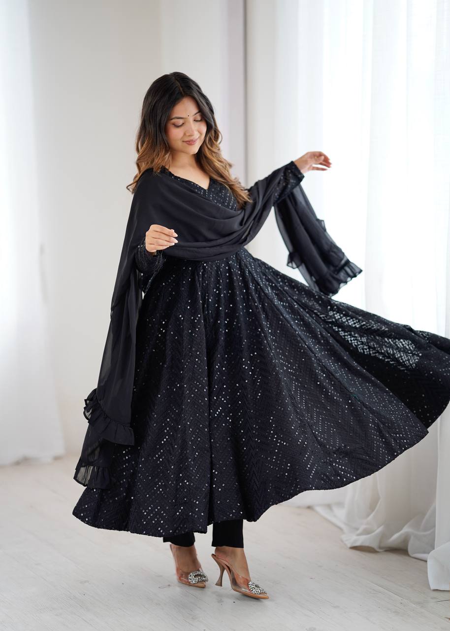 Black Fox Georgette Lucknowi Anarkali Gown Set