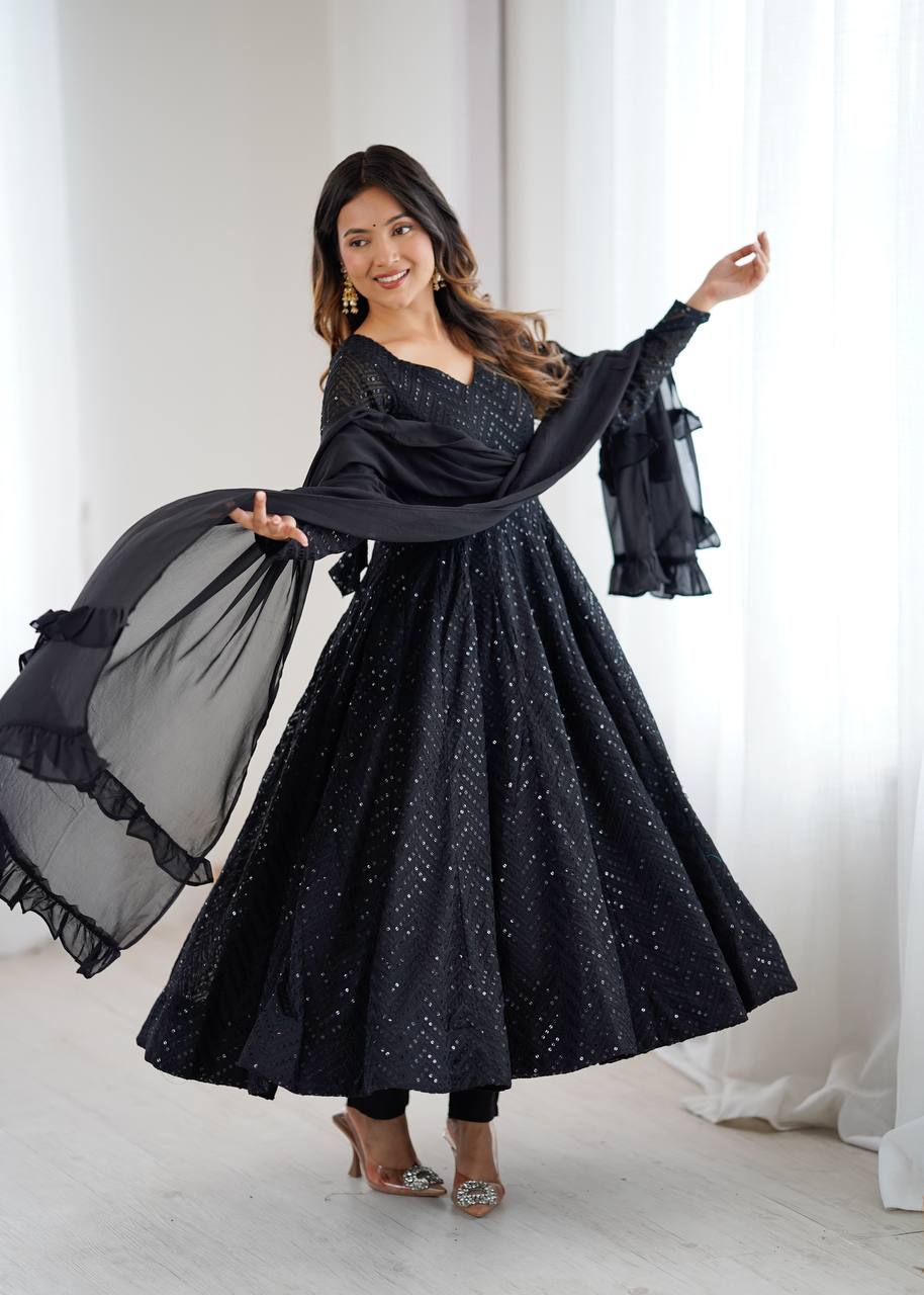 Black Fox Georgette Lucknowi Anarkali Gown Set