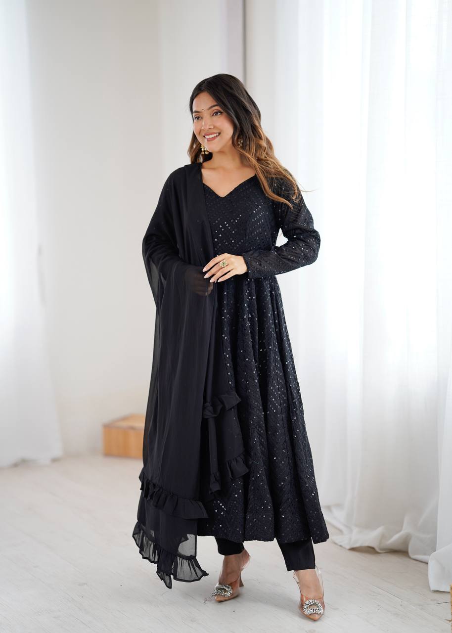 Black Fox Georgette Lucknowi Anarkali Gown Set
