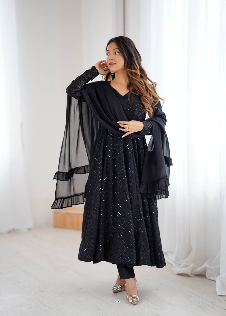 Black Fox Georgette Lucknowi Anarkali Gown Set