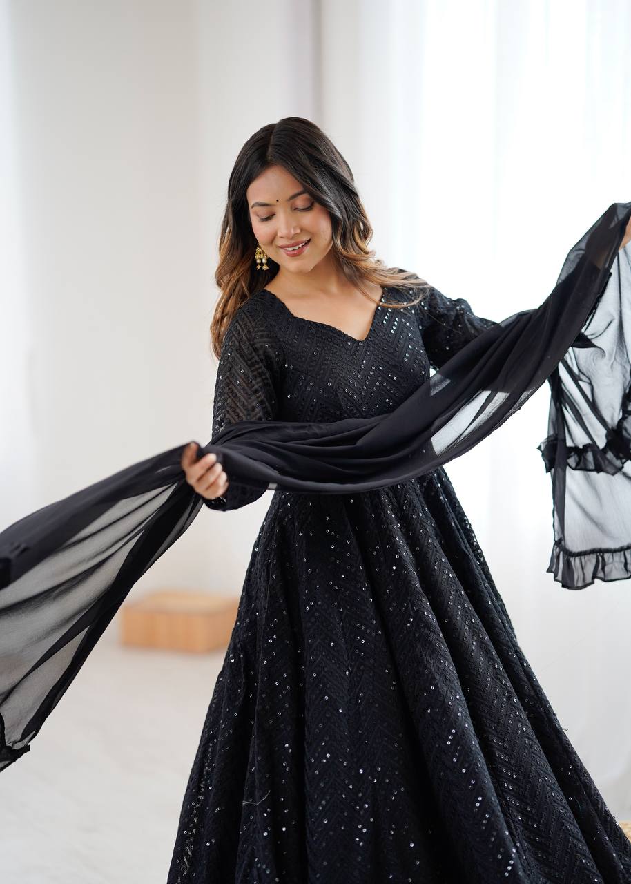 Black Fox Georgette Lucknowi Anarkali Gown Set