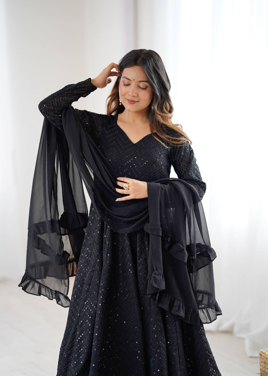 Black Fox Georgette Lucknowi Anarkali Gown Set