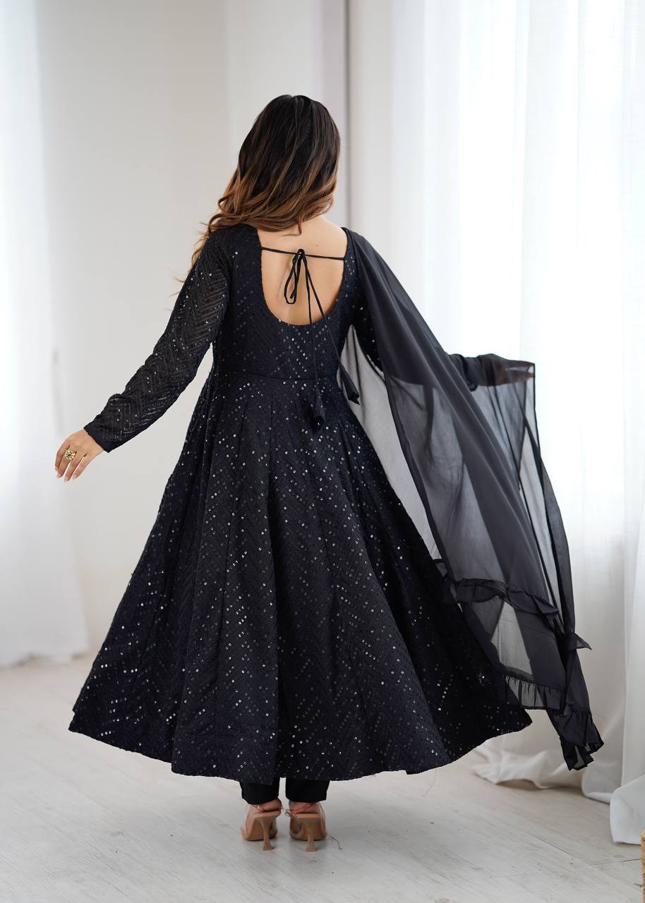 Black Fox Georgette Lucknowi Anarkali Gown Set