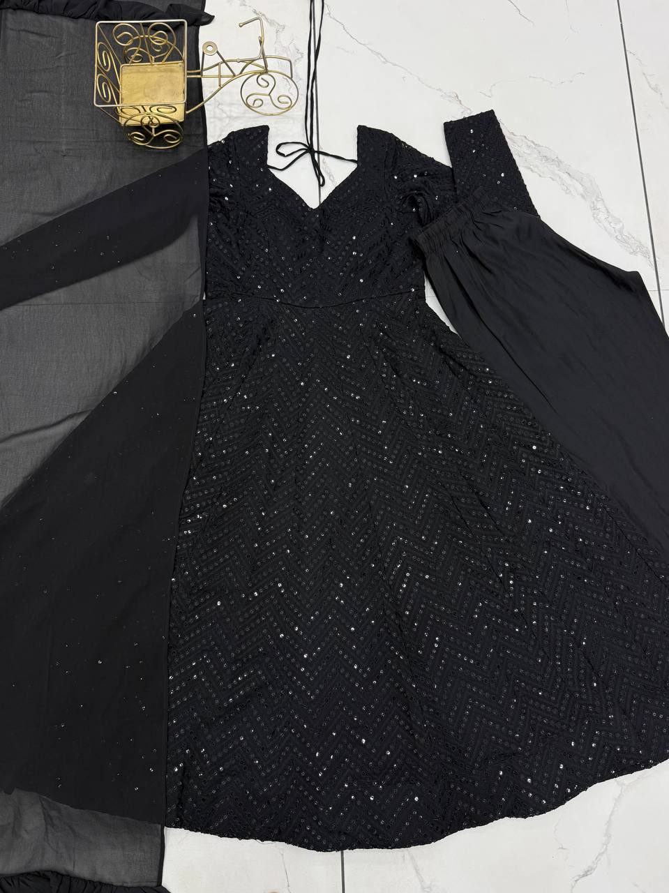 Black Fox Georgette Lucknowi Anarkali Gown Set