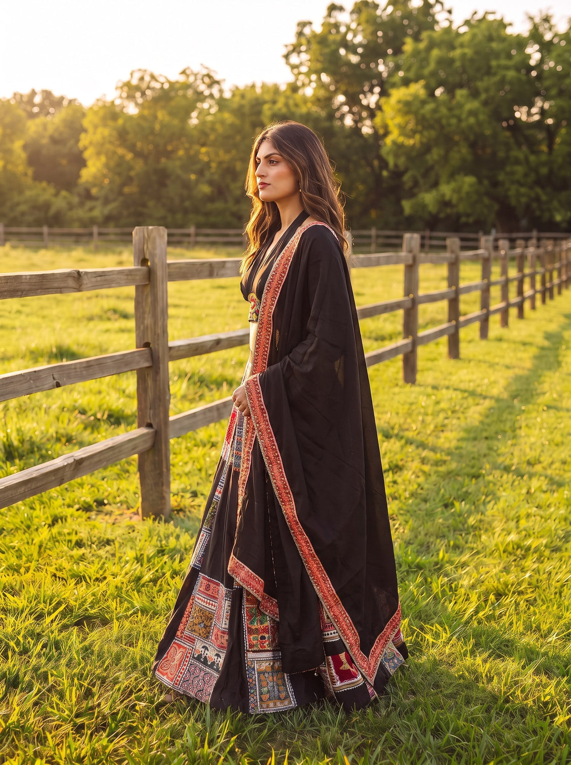 Black French Crepe Printed Lehenga Set