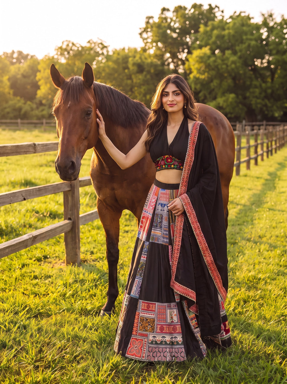 Black French Crepe Printed Lehenga Set