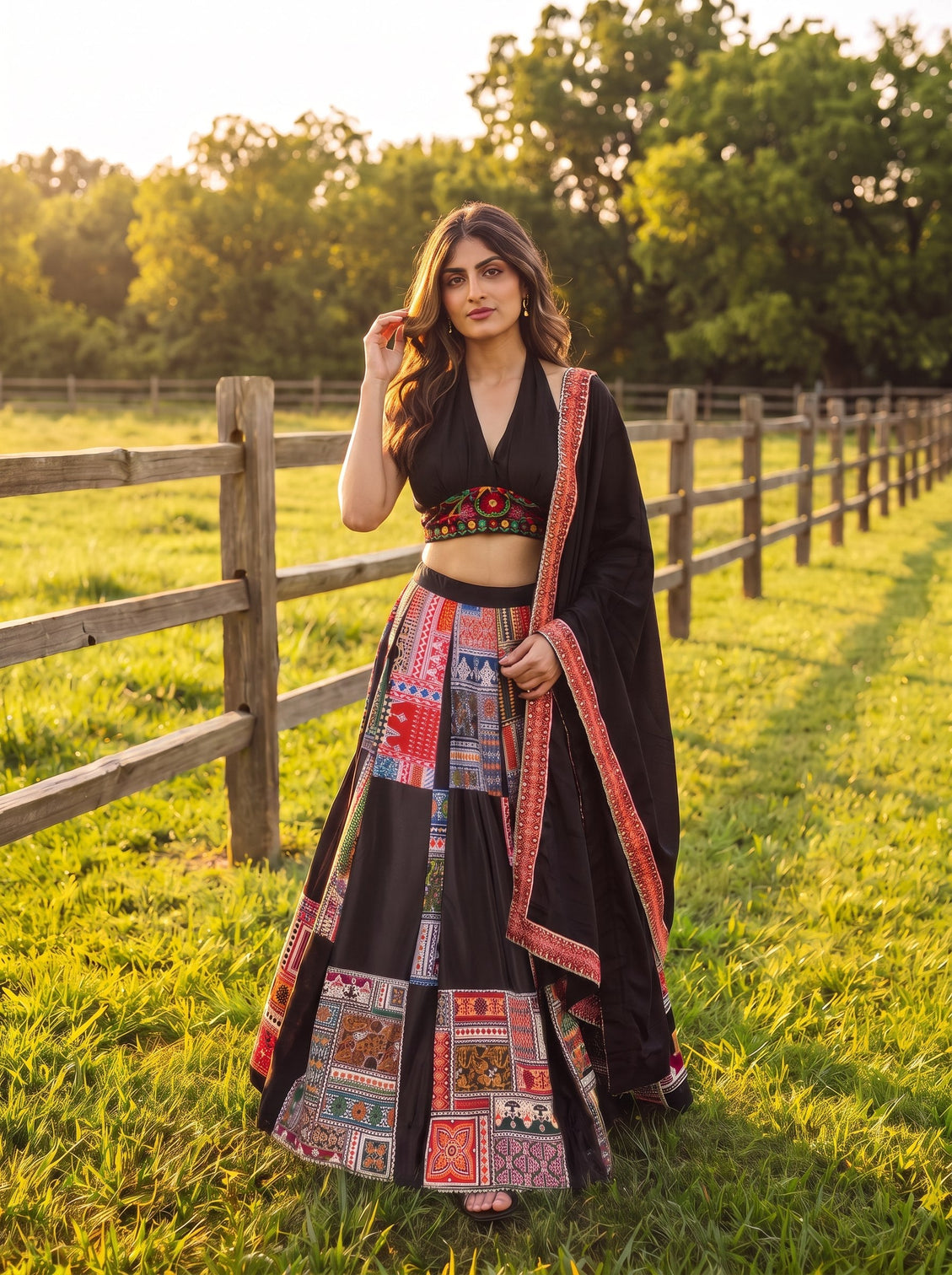 Black French Crepe Printed Lehenga Set
