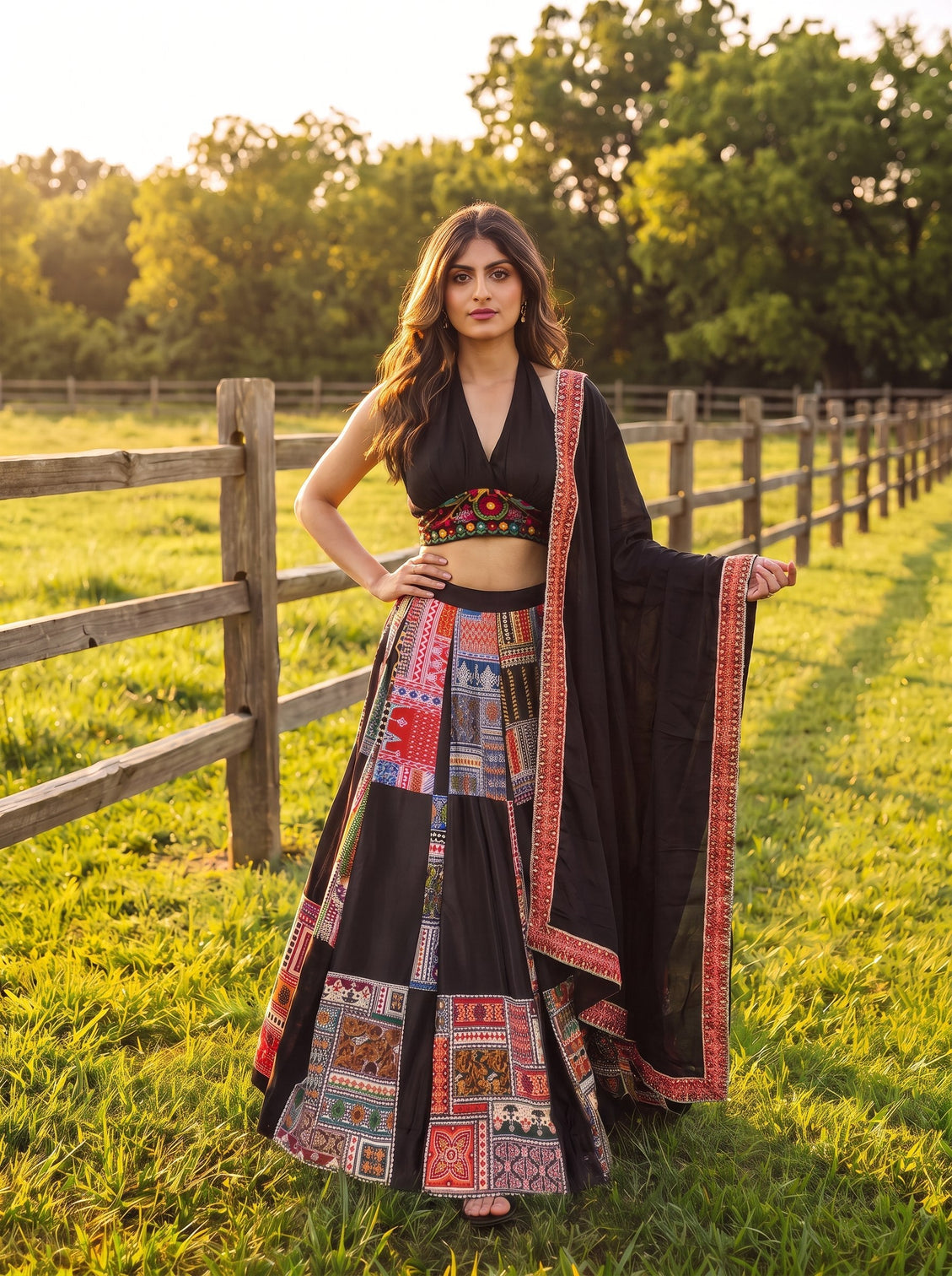 Black French Crepe Printed Lehenga Set