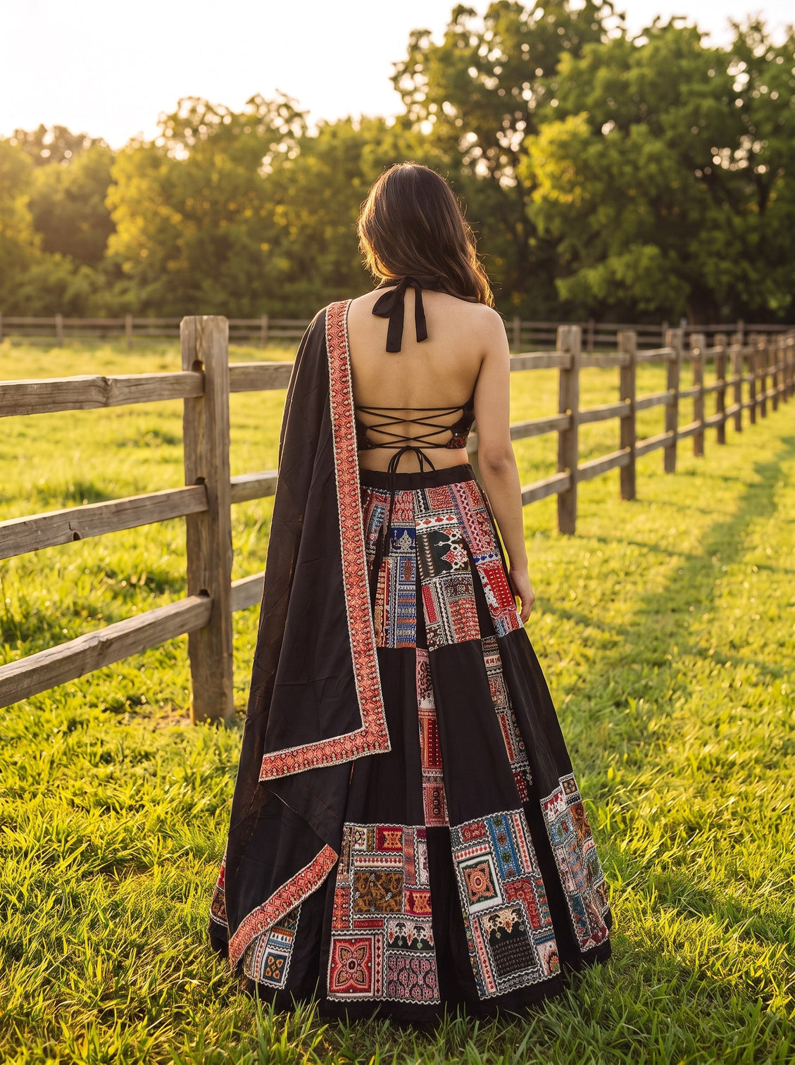 Black French Crepe Printed Lehenga Set