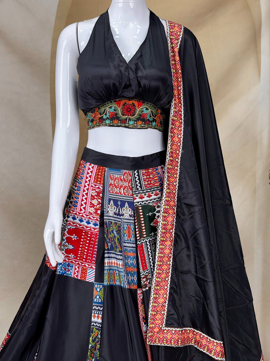 Black French Crepe Printed Lehenga Set