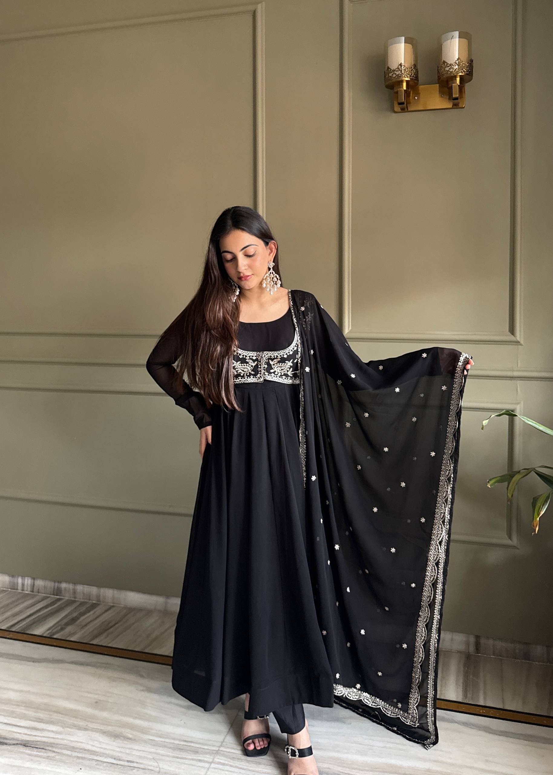 Black Georgette Anarkali Gown with Koti