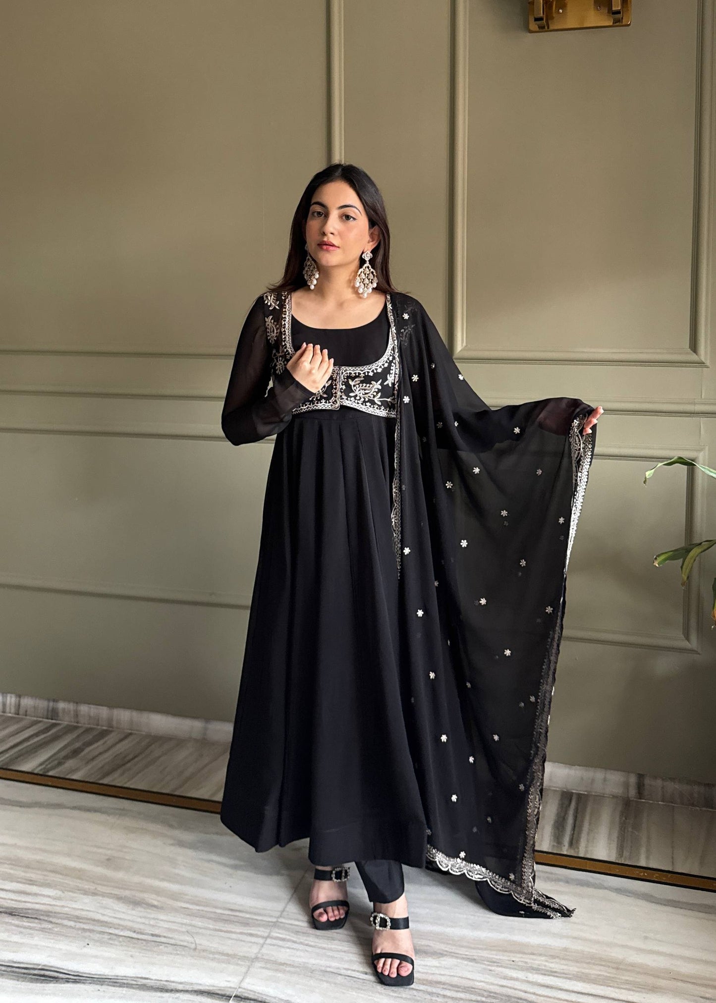 Black Georgette Anarkali Gown with Koti