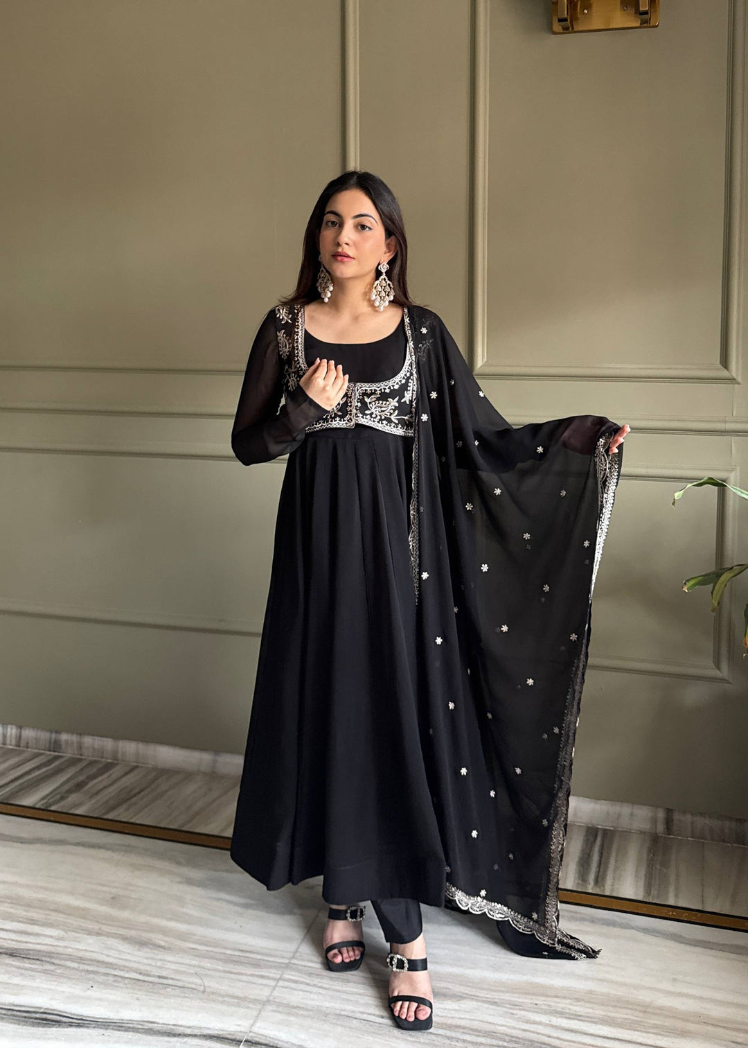 Black Georgette Anarkali Gown with Koti