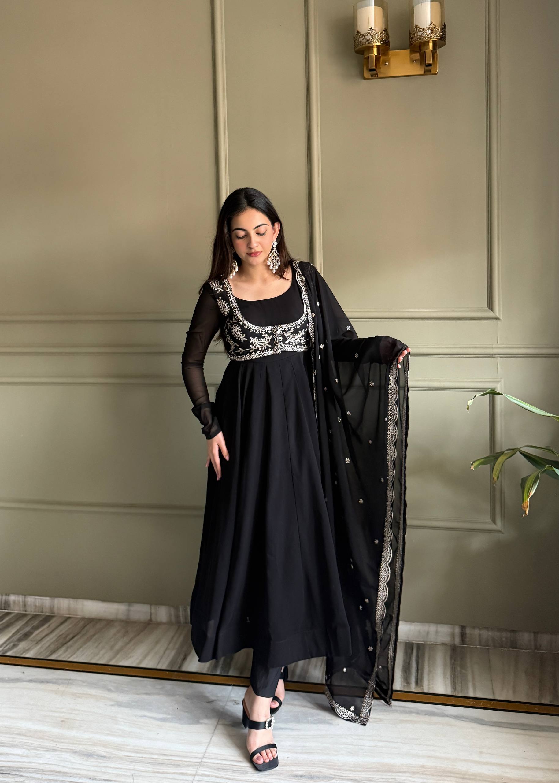 Black Georgette Anarkali Gown with Koti