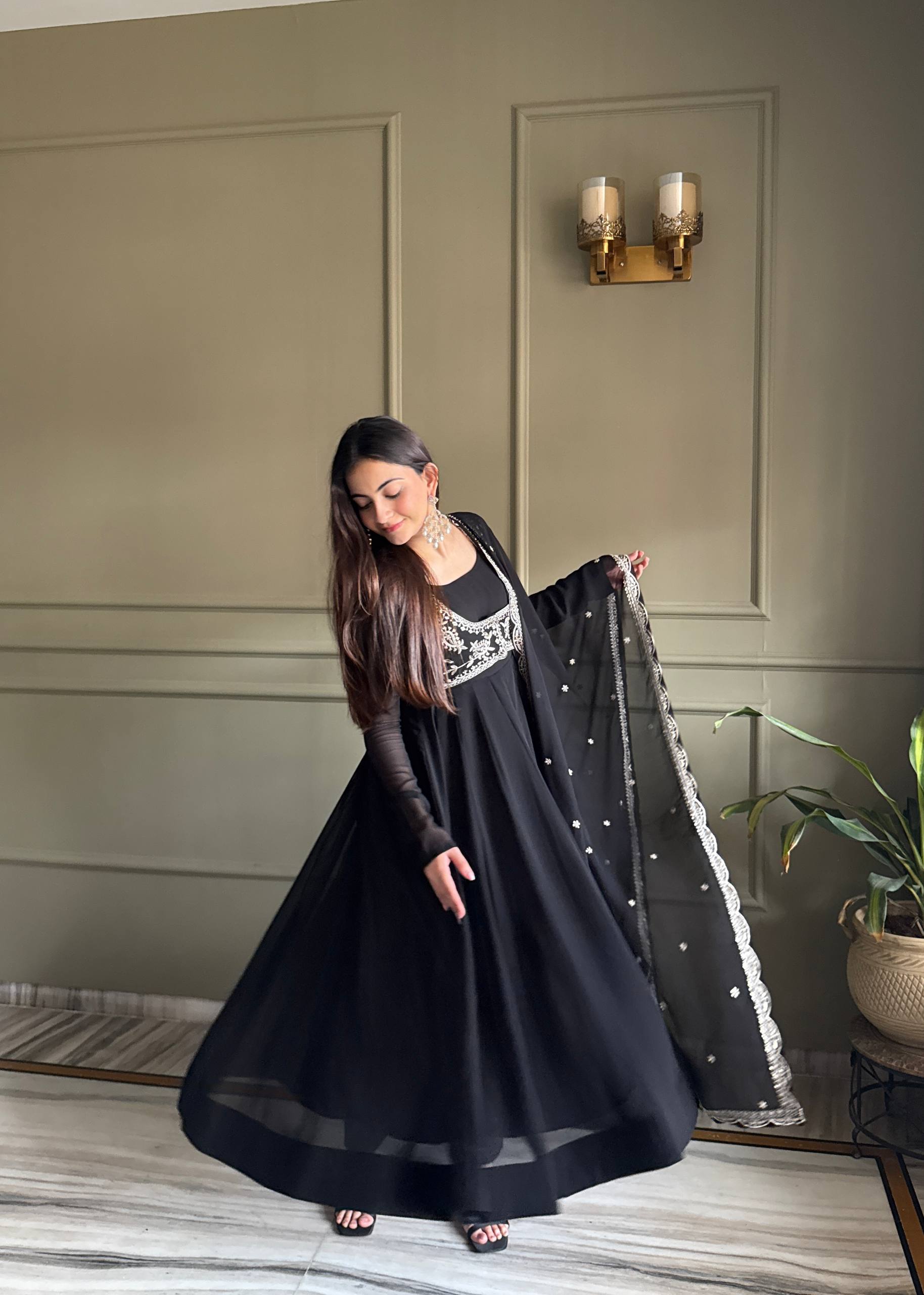 Black Georgette Anarkali Gown with Koti