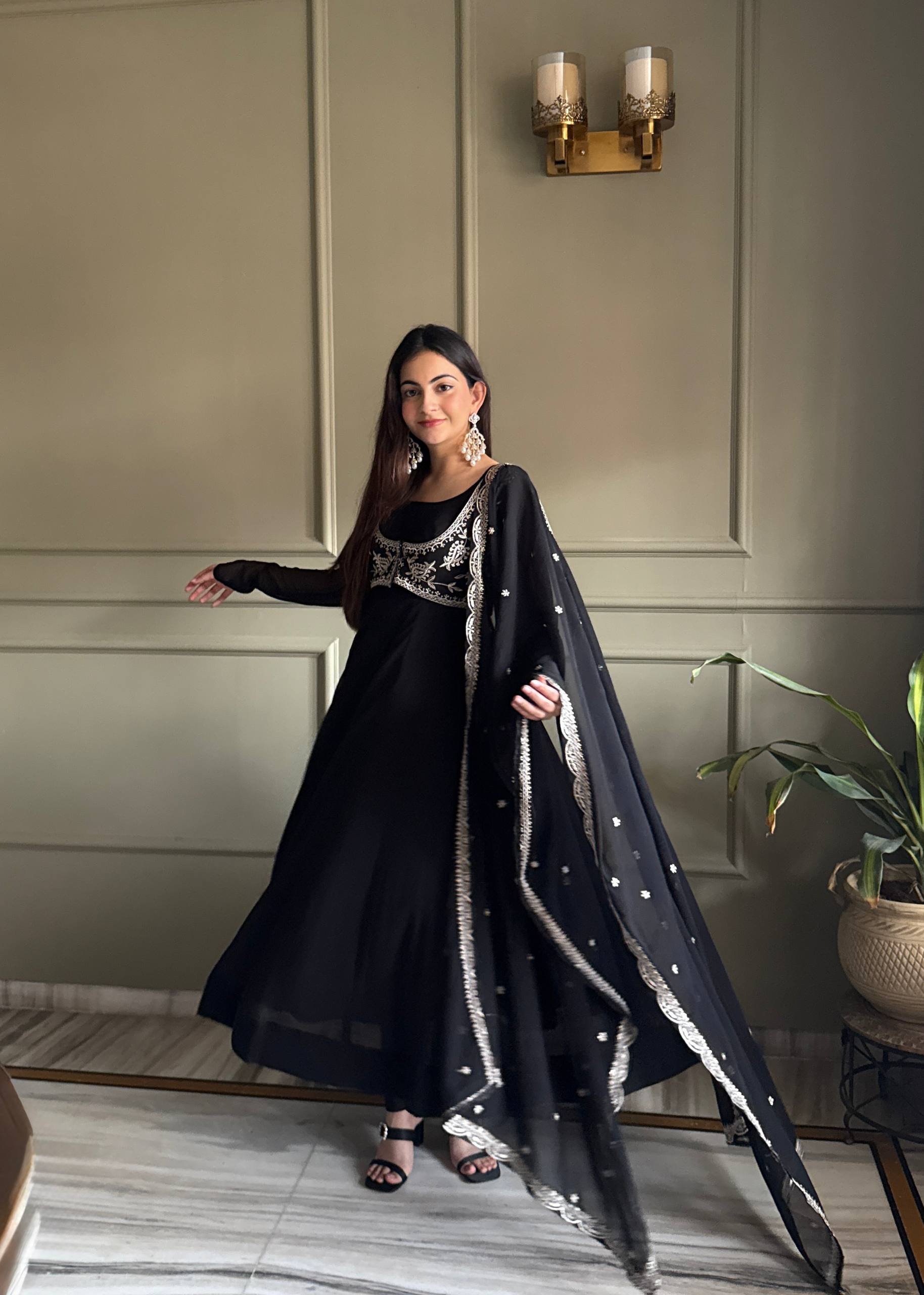 Black Georgette Anarkali Gown with Koti