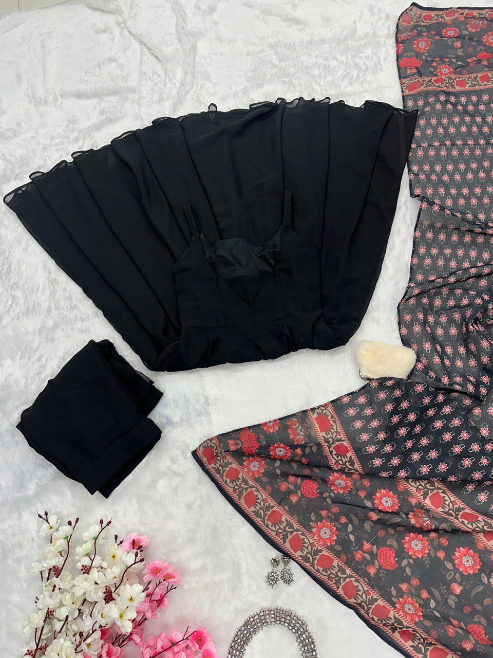 Black Georgette Anarkali Suit with Buttersilk Pant and Digital Printed Cotton Dupatta
