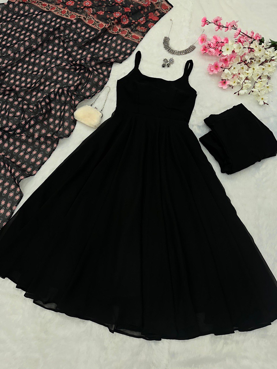 Black Georgette Anarkali Suit with Buttersilk Pant and Digital Printed Cotton Dupatta