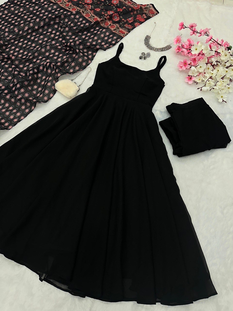 Black Georgette Anarkali Suit with Buttersilk Pant and Digital Printed Cotton Dupatta