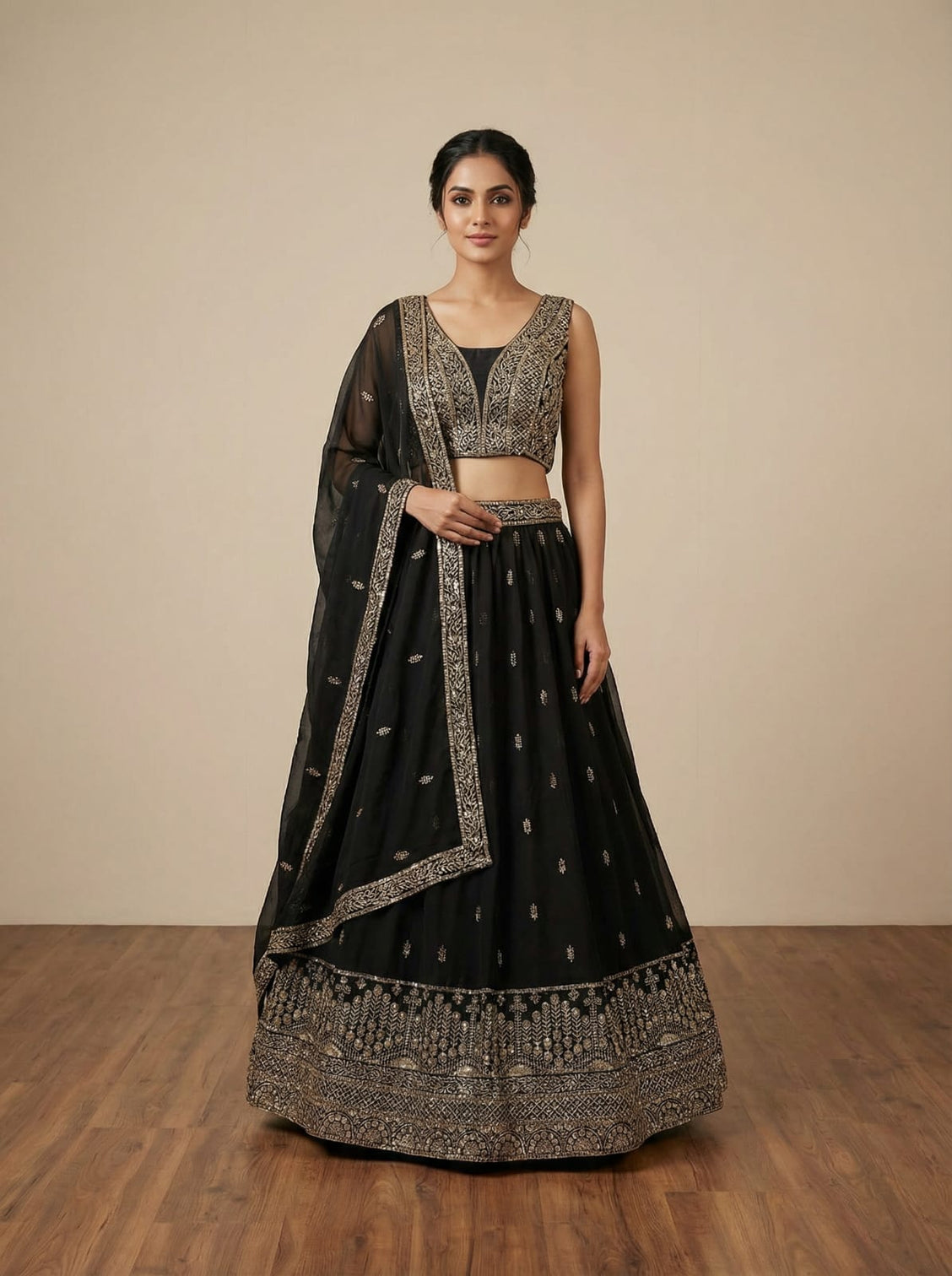 Black Georgette Embroidered Lehenga Set
