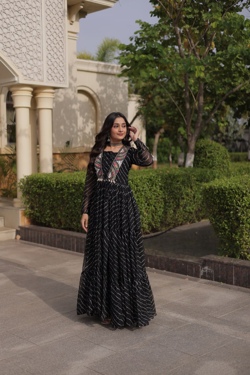 Black Georgette Gown With Patchwork