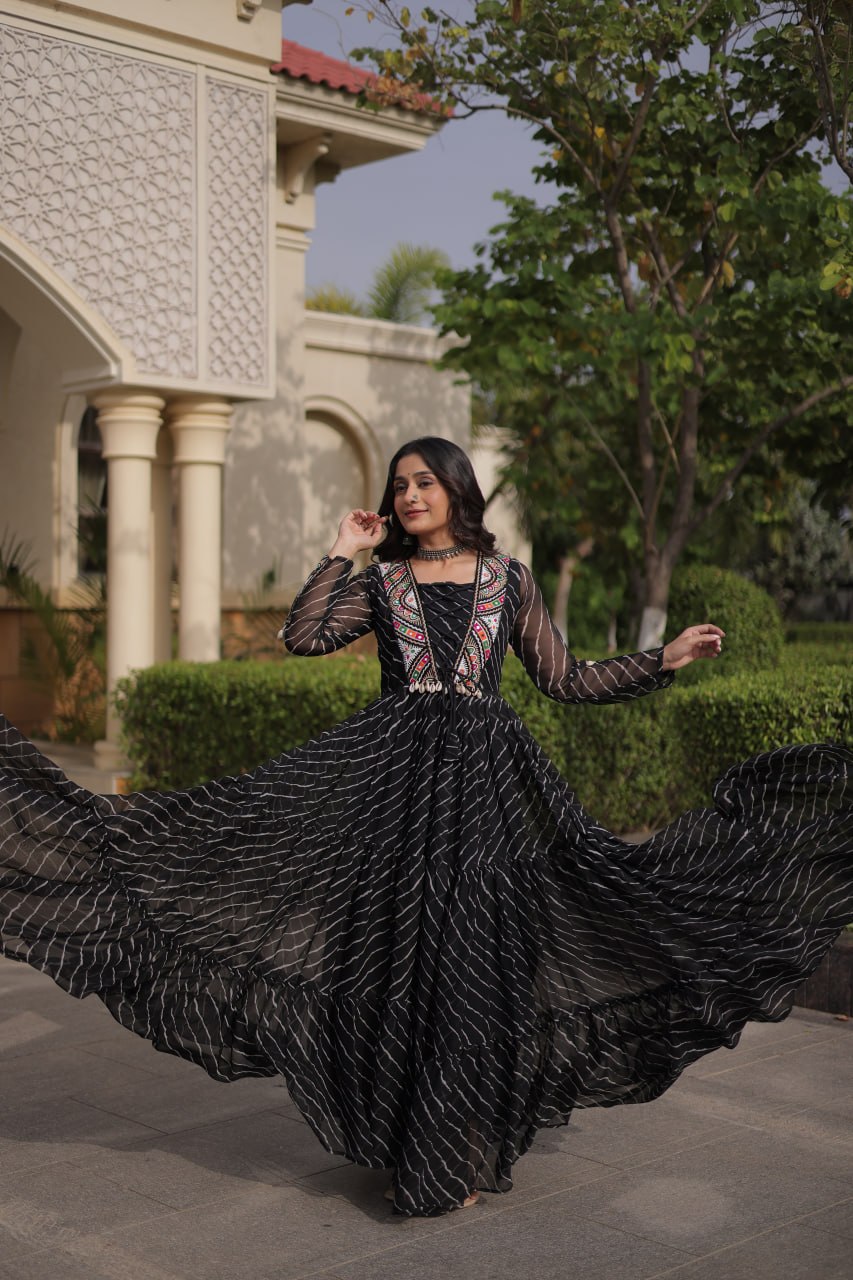 Black Georgette Gown With Patchwork