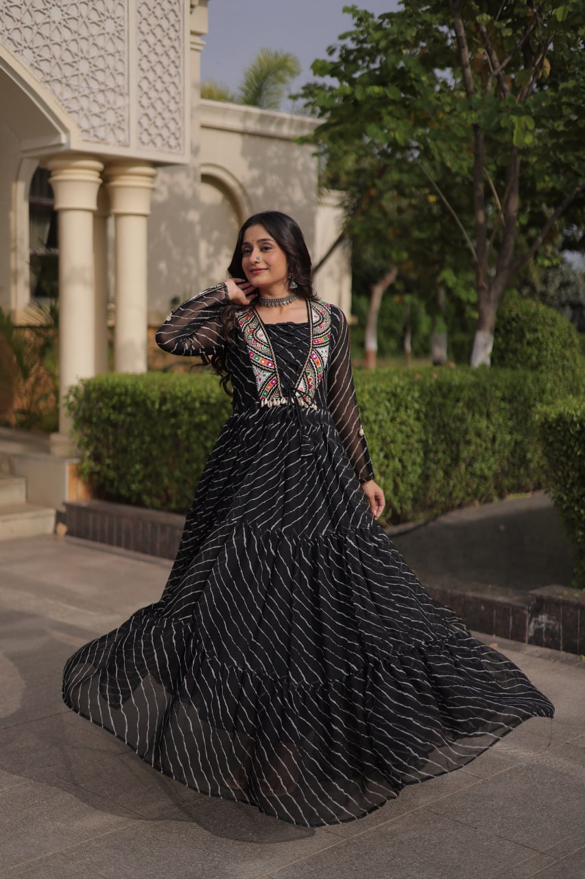 Black Georgette Gown With Patchwork