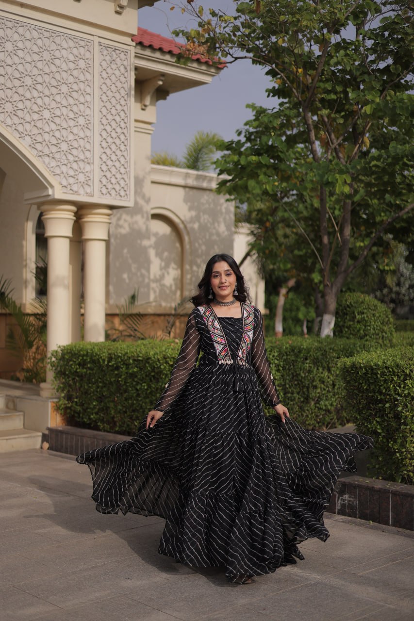Black Georgette Gown With Patchwork