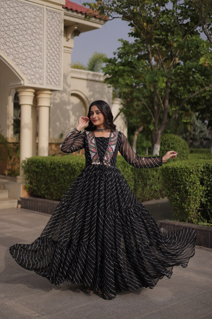 Black Georgette Gown With Patchwork