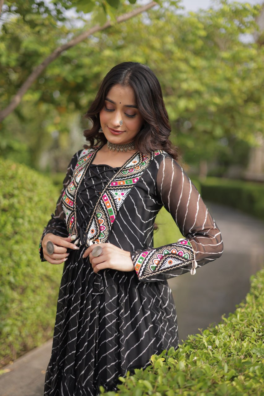 Black Georgette Gown With Patchwork