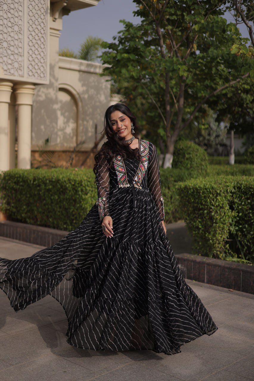 Black Georgette Gown With Patchwork