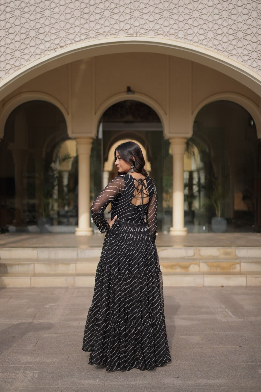 Black Georgette Gown With Patchwork