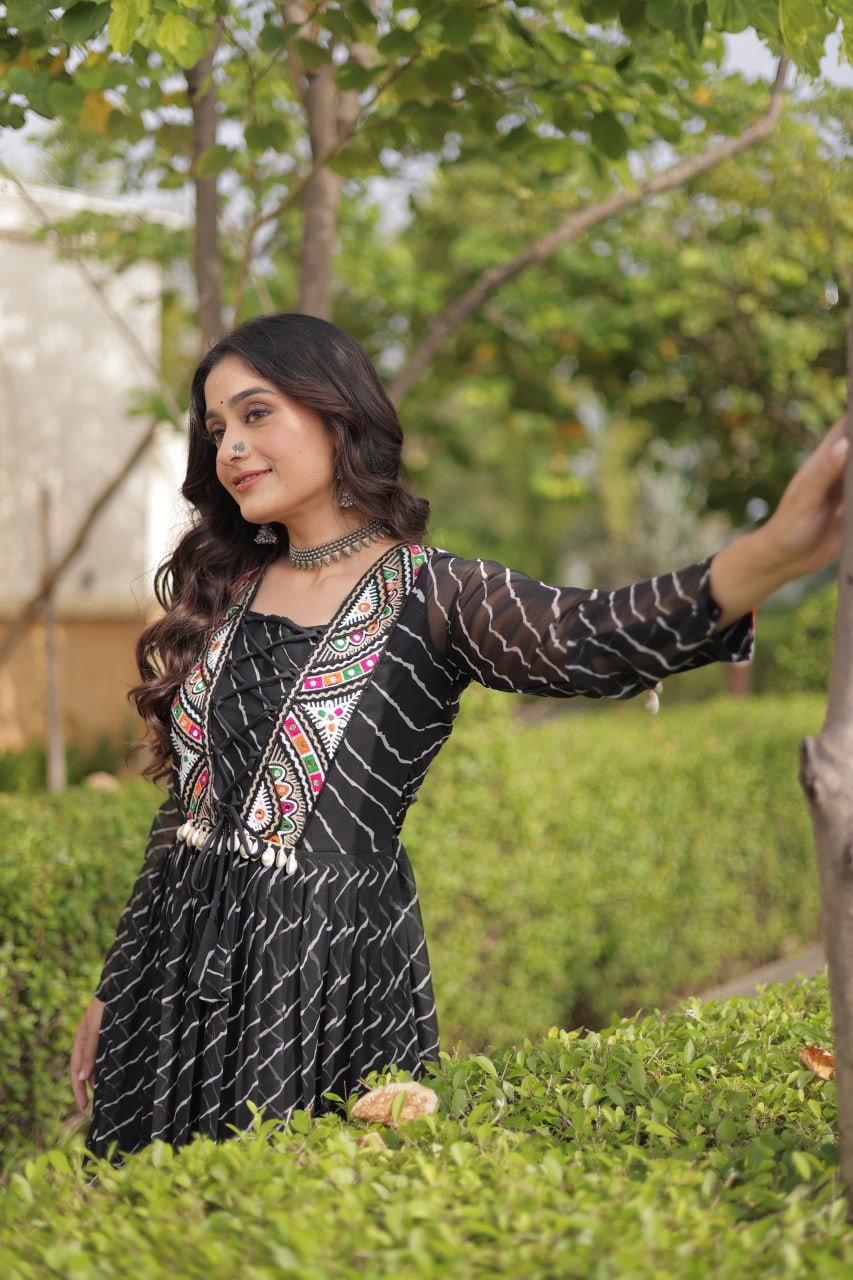Black Georgette Gown With Patchwork