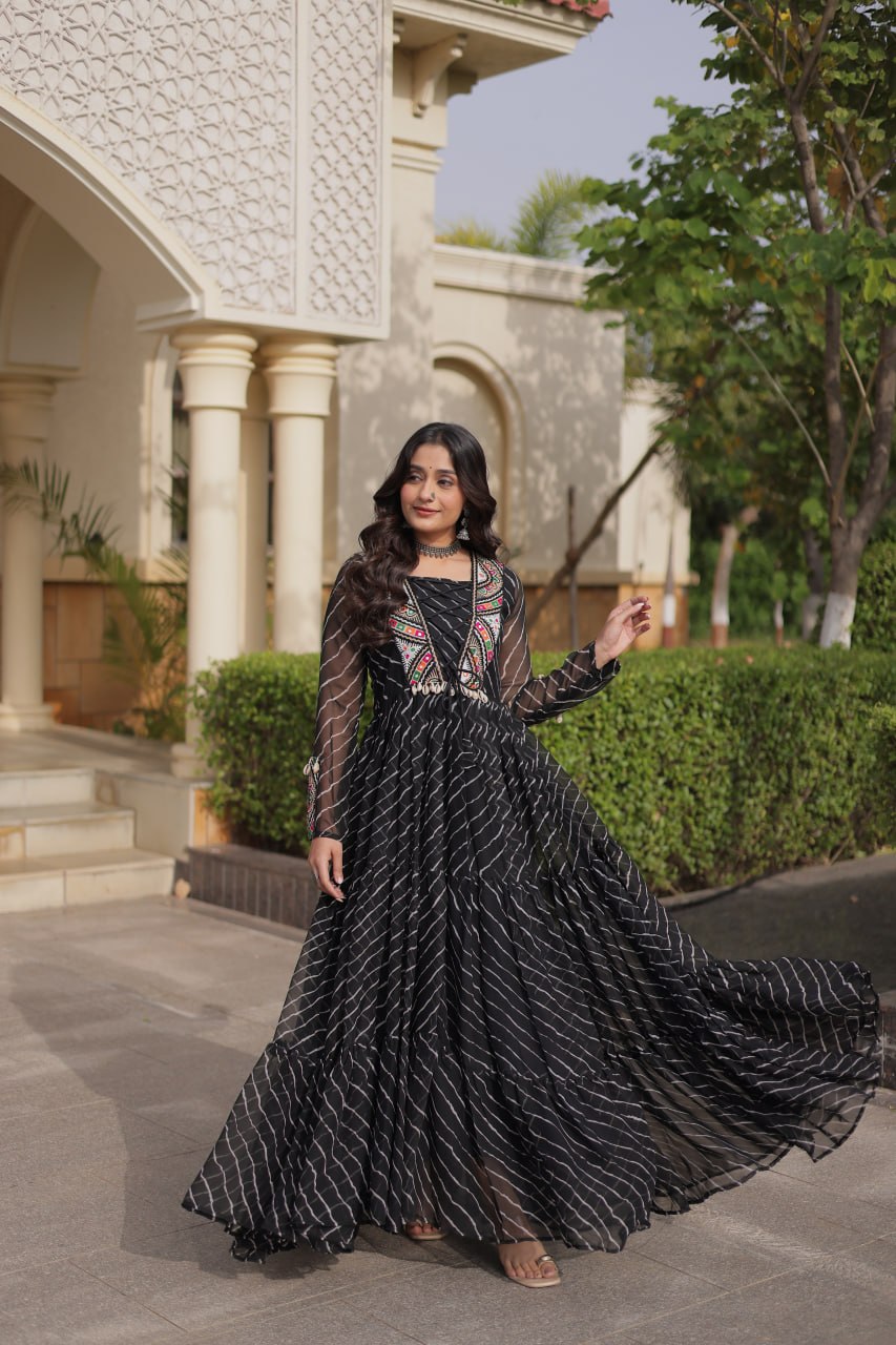 Black Georgette Gown With Patchwork