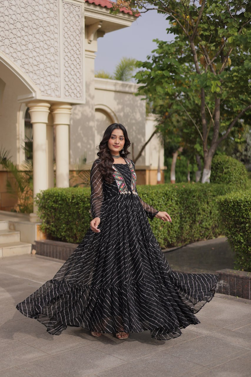 Black Georgette Gown With Patchwork