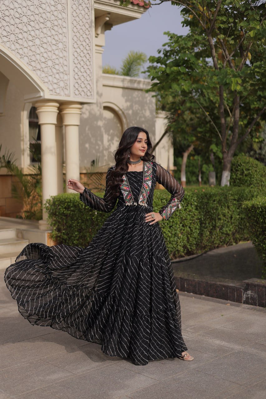 Black Georgette Gown With Patchwork