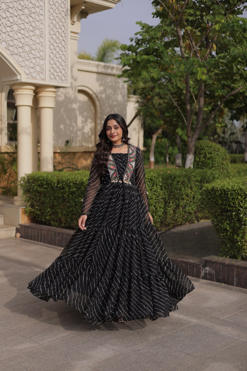 Black Georgette Gown With Patchwork
