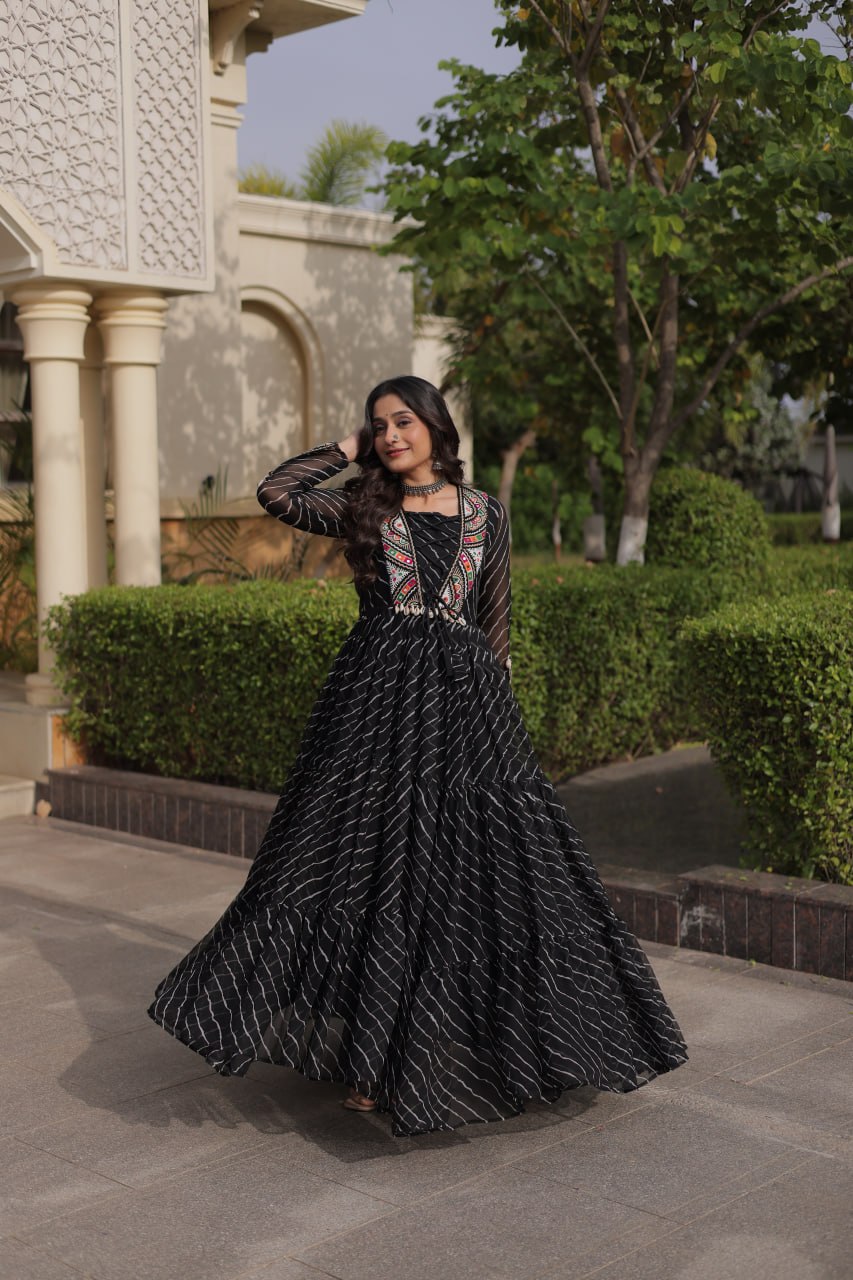 Black Georgette Gown With Patchwork