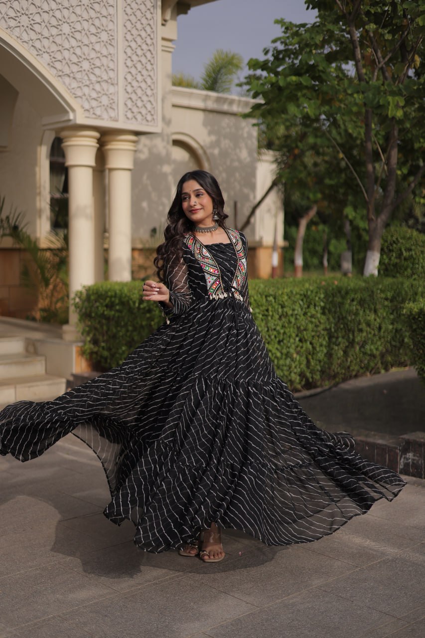 Black Georgette Gown With Patchwork