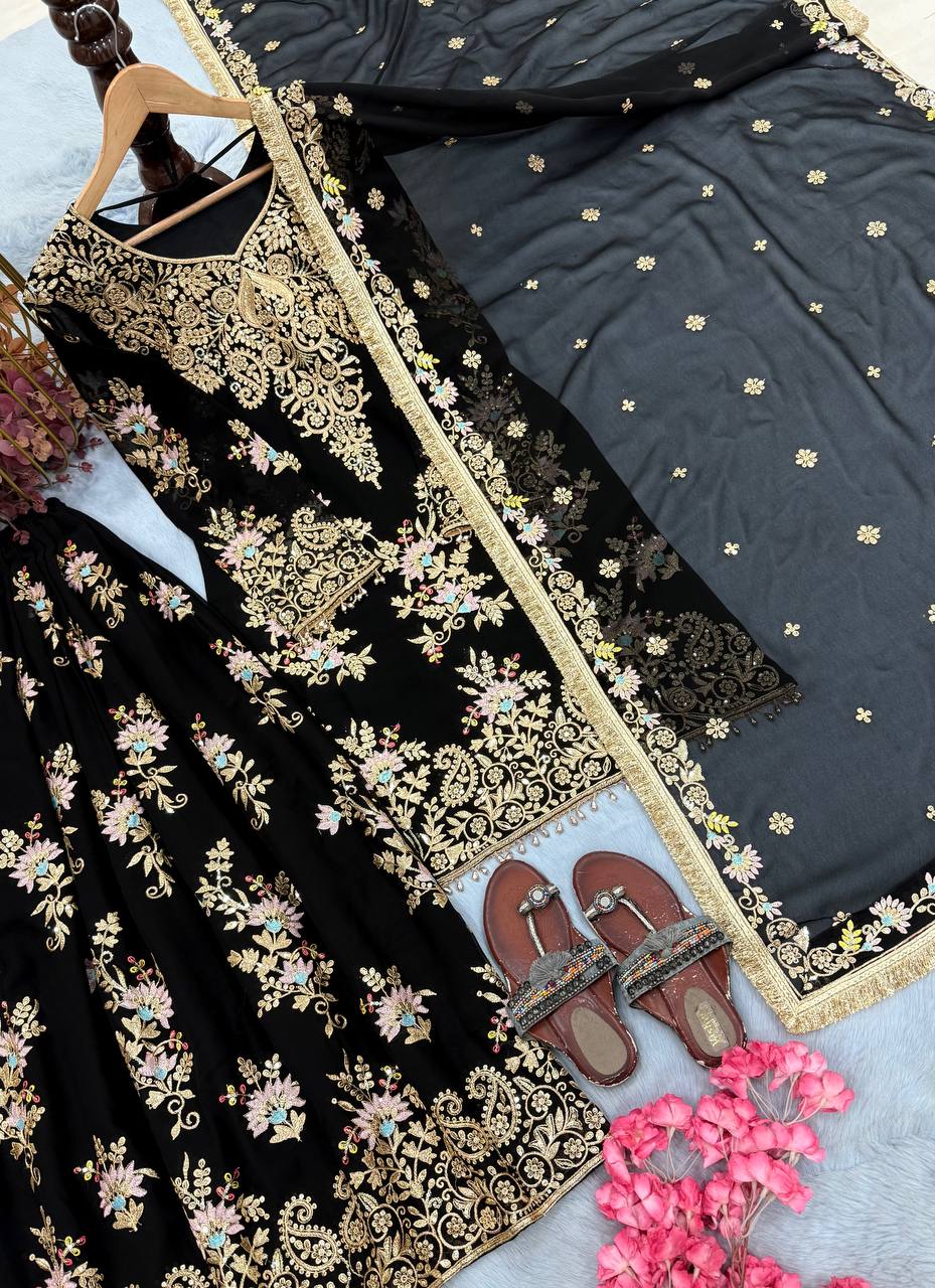 Black Georgette Heavy Work Palazzo Suit