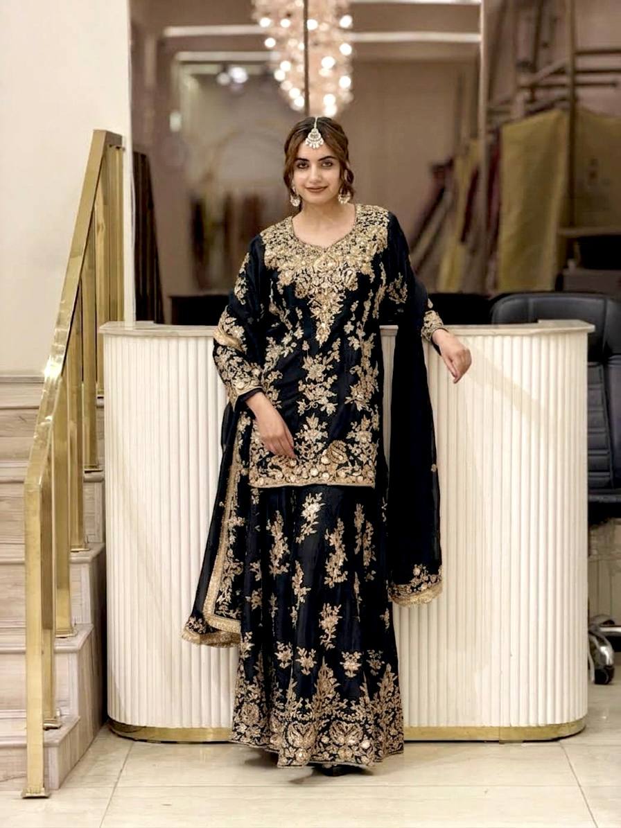 Black Georgette Heavy Work Palazzo Suit