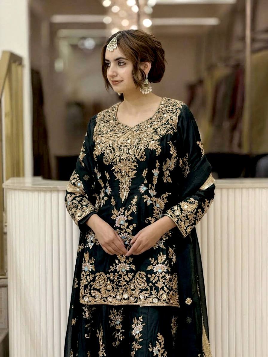Black Georgette Heavy Work Palazzo Suit