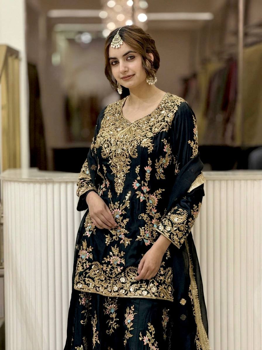 Black Georgette Heavy Work Palazzo Suit