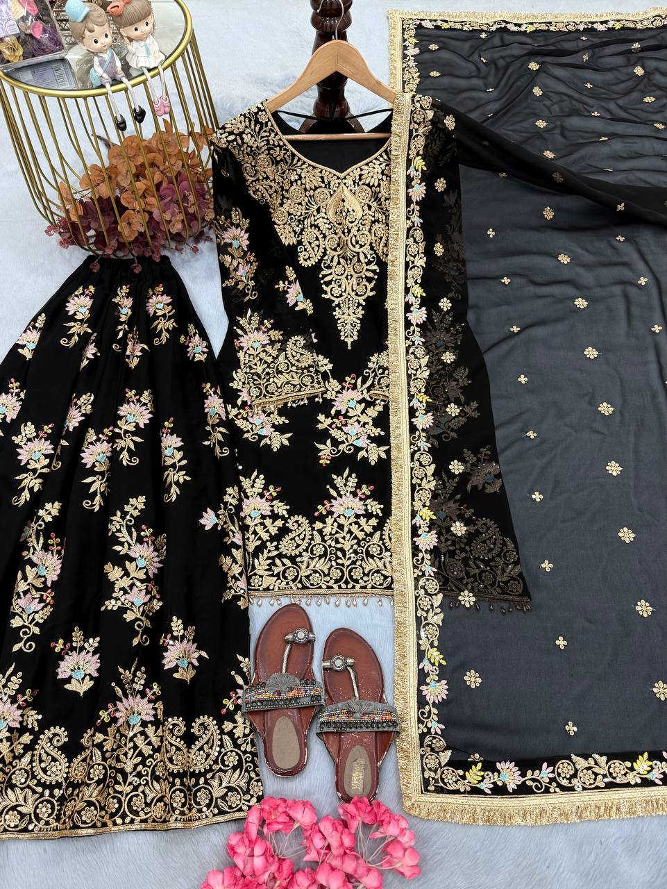 Black Georgette Heavy Work Palazzo Suit