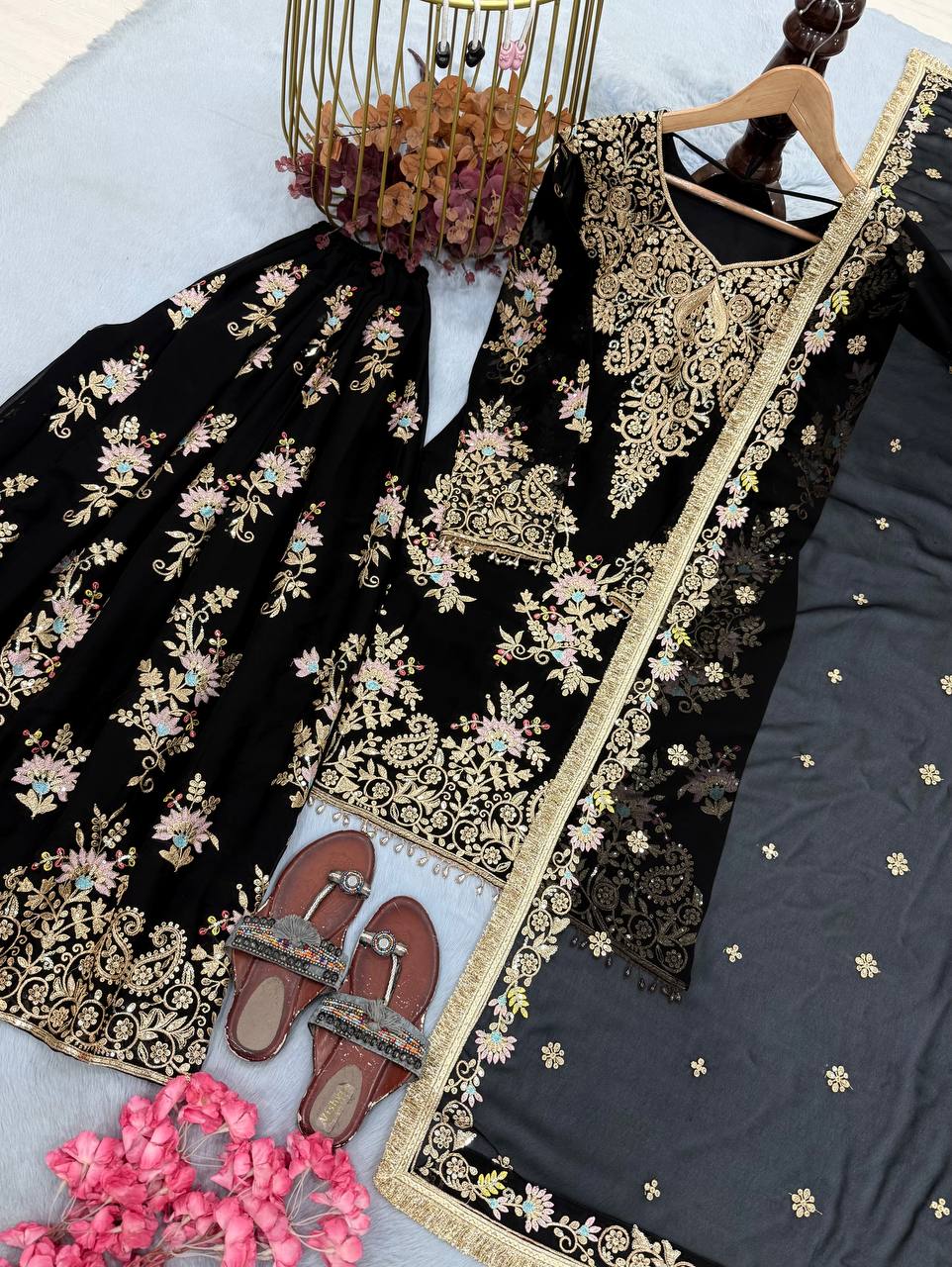 Black Georgette Heavy Work Palazzo Suit