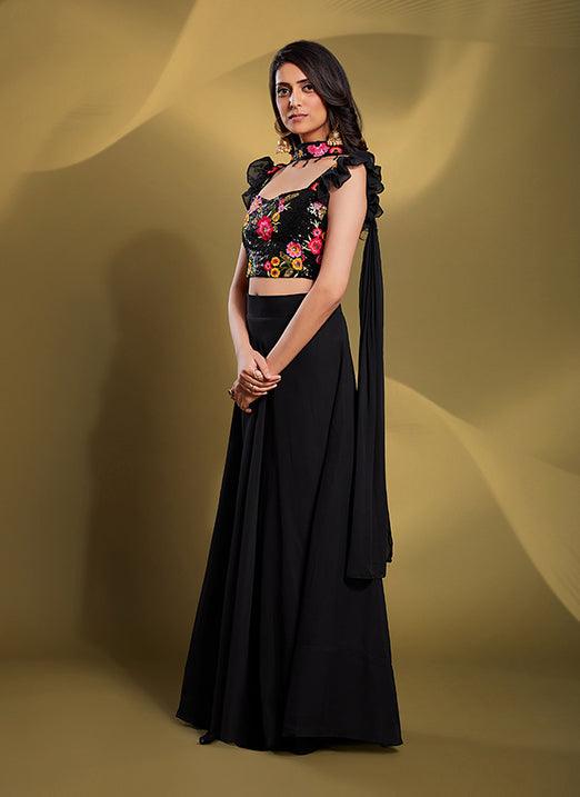 Black Georgette Lehenga Choli with Resham and Sequins Work