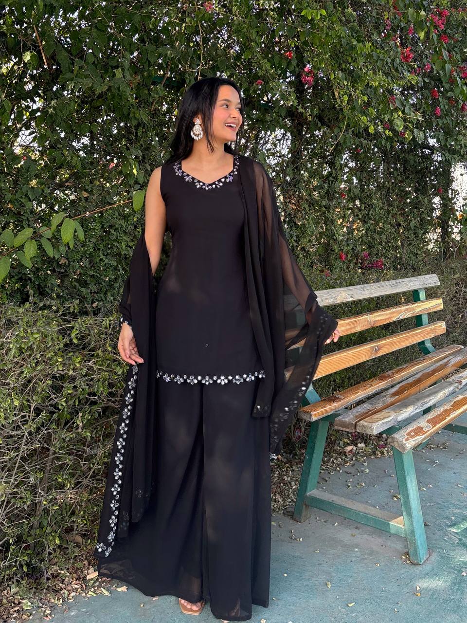 Black Georgette Real Mirror Work Kurti Set with Plazo & Dupatta Fully Stitched Ethnic Wear