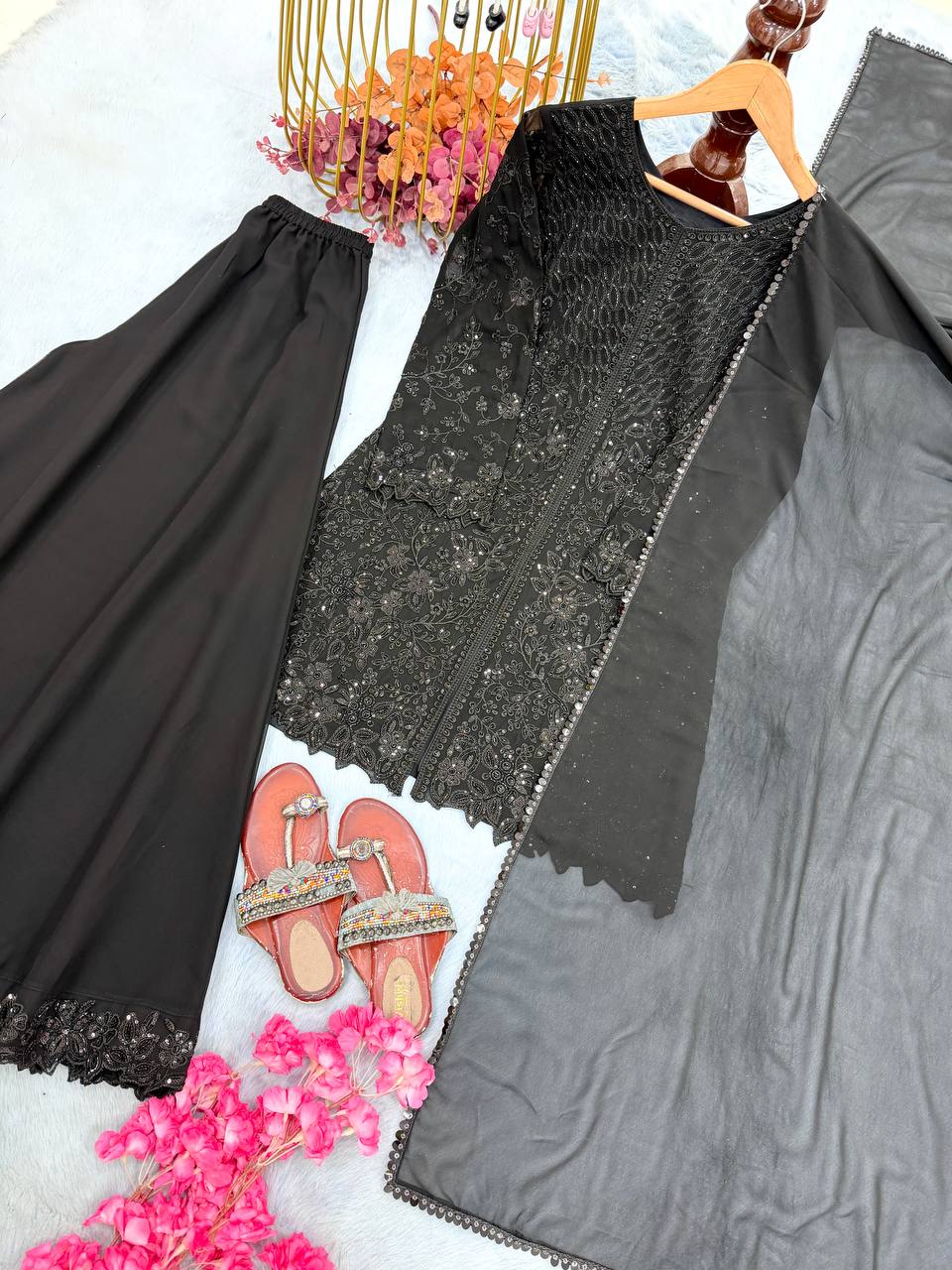 Black Georgette Sequence Work Palazzo Suit